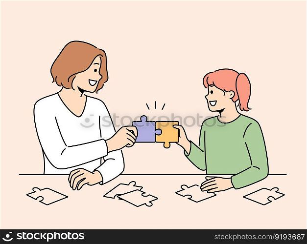 Smiling mother and daughter solve puzzles together. Happy mom and girl child connect jigsaw pieces engaged in funny game sitting at table. Vector illustration. . Smiling mother and daughter do puzzles together 