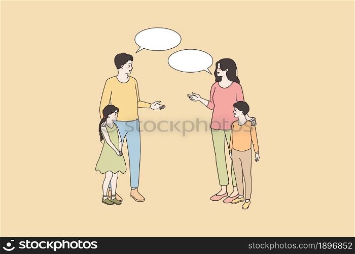 Smiling mother and father of small teen kids talk speak encounter in street. Happy man and woman have communication, children classmates near. Thin line art sketch, flat vector illustration.. Smiling parents of teen children talk outside