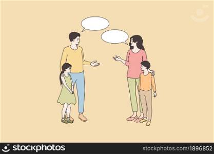 Smiling mother and father of small teen kids talk speak encounter in street. Happy man and woman have communication, children classmates near. Thin line art sketch, flat vector illustration.. Smiling parents of teen children talk outside