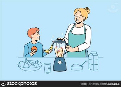 Smiling mother and small son make healthy fruit smoothie in blender at home kitchen. Happy mom and child prepare nutrition drink or juice. Vitamin eating and vegetarian. Vector illustration. . Happy mom and son make fruit smoothie in blender