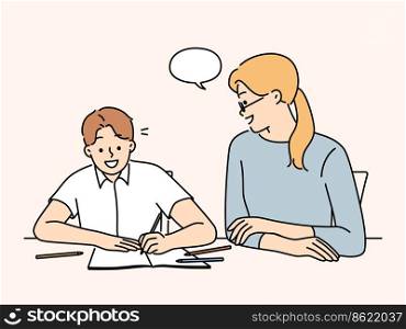 Smiling mother doing homework with happy child at desk at home. Babysitter or teacher study together with teen boy kid. Education and learning. Vector illustration. . Mother do homework with smiling son 
