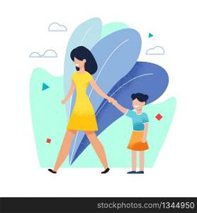 Smiling Mother Walking with Daughter in Urban City Park. Cartoon Happy Family Characters Having Rest. Weekend or Summer Holidays. Vacation Together. Parent and Children. Vector Flat Illustration. Smiling Happy Mother Walking with Daughter in Park