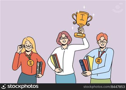 Smiling motivated woman holding golden trophy win first place. Happy clever people winners in competition. Education and success, personal achievement. Vector illustration.. Happy woman winner with trophy