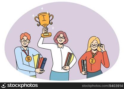 Smiling motivated woman holding golden trophy win first place. Happy clever people winners in competition. Education and success, personal achievement. Vector illustration.. Happy woman winner with trophy