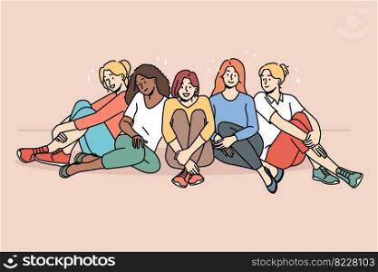 Smiling multiracial diverse women sit together show unity and support. Happy multiethnic interracial girls have fun relax. Togetherness and friendship. Vector illustration. . Happy multiethnic girls sitting together 