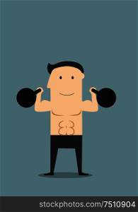 Smiling muscular athlete lifting black kettlebells in the gym. Concept of healthy lifestyle, weightlifting sport or fitness