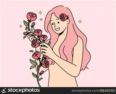 Smiling naked woman with pink hair holding roses in hands. Happy girl with flowers enjoy nature. Vector illustration. . Happy naked woman with roses in hands 