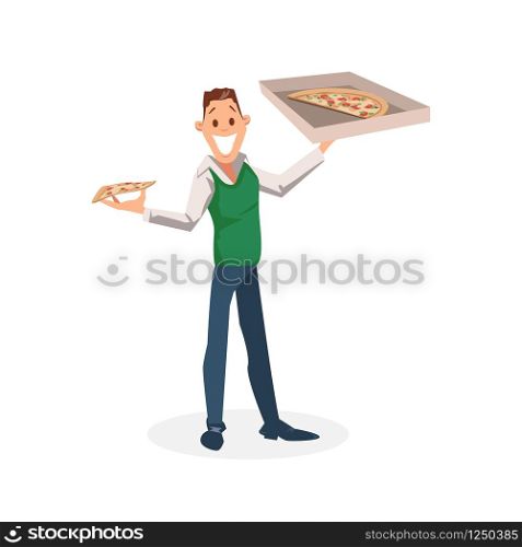 Smiling Office Worker Stand with Carton Pizza Box. Happy Young Businessman or Manager Plan to Have Slice of Italian Food for Lunch Break. Male Character Hold Package. Cartoon Flat Vector Illustration. Smiling Office Worker Stand with Carton Pizza Box