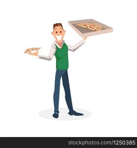 Smiling Office Worker Stand with Carton Pizza Box. Happy Young Businessman or Manager Plan to Have Slice of Italian Food for Lunch Break. Male Character Hold Package. Cartoon Flat Vector Illustration. Smiling Office Worker Stand with Carton Pizza Box
