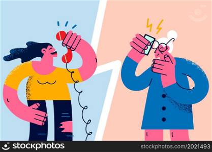Smiling old grandmother and millennial granddaughter talk on phone. Happy mature and young women have telephone call laughing joking. Technology, communication concept. Vector illustration. . Happy young and old woman talk on phone