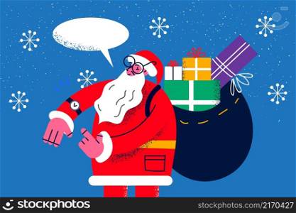 Smiling old Santa Claus with pack of presents on back check time for New Year gifts delivery. Happy father Christmas deliver giftboxes on xmas night. Winter holiday concept. Vector illustration. . Santa Claus with presents deliver gifts on Christmas