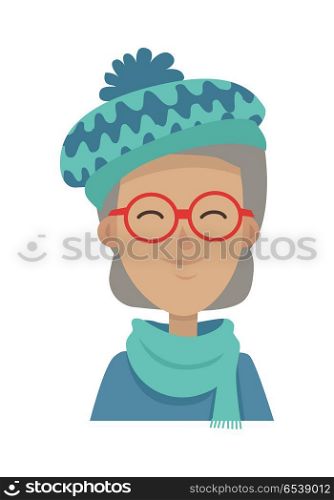 Smiling Old Woman in Blue-green Hat and Scarf. Hat wiuh pompon. Smiling old woman with grey hair in blue-green hat, long scarf, sweater. Contemporary hat with waves. Female wearing round red glasses. White background. Flat design. Vector illustration