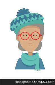 Smiling Old Woman in Blue-green Hat and Scarf. Hat wiuh pompon. Smiling old woman with grey hair in blue-green hat, long scarf, sweater. Contemporary hat with waves. Female wearing round red glasses. White background. Flat design. Vector illustration