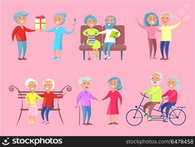 Smiling Older People Isolated Illustration on Pink. Older people isolated vector illustration on pink background. Couples enjoying their time together inside and outside. Husbands and wives having fun
