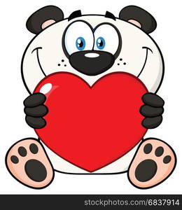 Smiling Panda Bear Cartoon Mascot Character Holding A Valentine Love Heart. Illustration Isolated On White Background