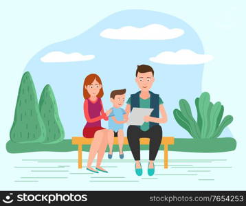 Smiling parents reading paper with little son in park. Mother and father sitting with child on bench near trees. Mom and dad educating kid outdoor. Happy people in casual clothes in garden vector. Family Sitting ob Bench Reading Together Vector