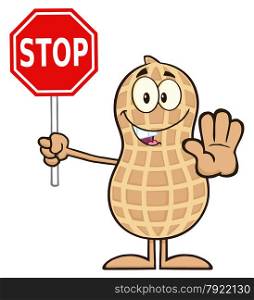 Smiling Peanut Cartoon Character Holding A Stop Sign