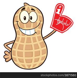Smiling Peanut Cartoon Character Wearing A Foam Finger