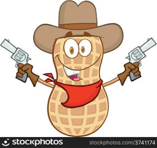 Smiling Peanut Cowboy Cartoon Mascot Character With Guns