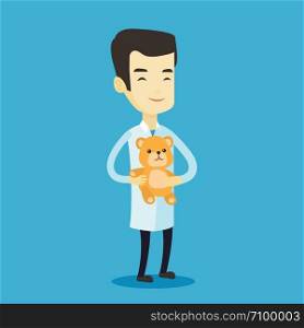 Smiling pediatrician doctor holding a teddy bear. Cheerful pediatrician doctor standing with a teddy bear. Young asian pediatrician in medical gown. Vector flat design illustration. Square layout.. Pediatrician doctor holding teddy bear.