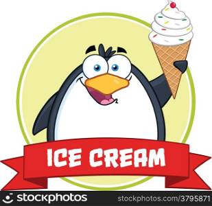 Smiling Penguin With Ice Cream Circle Banner And Text