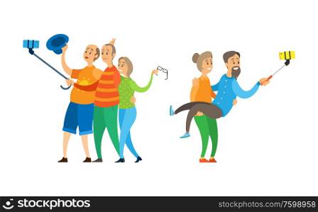Smiling pensioners making photo, old people characters standing together and doing selfie, stick and phone, portrait view of elderly man and woman vector. Friends or Family Photo, People And Selfie Vector