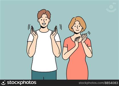 Smiling people clap hands meet welcome someone. Happy man and woman applaud show appreciation and acknowledgement. Vector illustration. . Smiling people applaud showing appreciation 