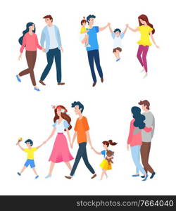 Smiling people going together, portrait view of family set, happy parents walking with children, man and woman in casual clothes, togetherness vector. Family Leisure, Parents and Kids, Couple Vector