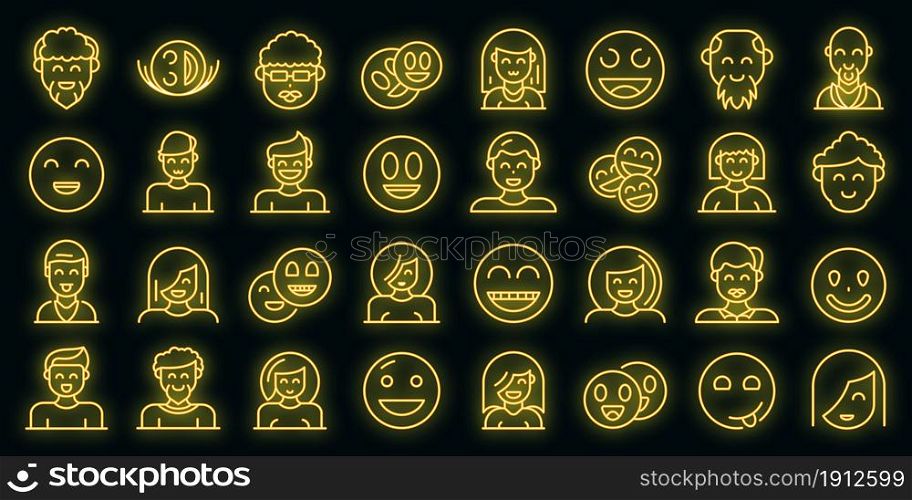 Smiling people icons set. Outline set of smiling people vector icons neon color on black. Smiling people icons set vector neon