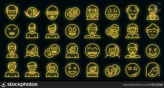 Smiling people icons set. Outline set of smiling people vector icons neon color on black. Smiling people icons set vector neon