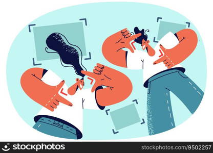 Smiling people make hand gesture posing for picture together. Happy couple show camera on face with fingers taking photo. Vector illustration.. Happy couple make hand gesture for picture