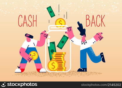 Smiling people put money in glass jar get passive income or earning. Happy men and women receive cashback from buying or purchase. Financial success and profit. Flat vector illustration. . Smiling money get cashback from purchases