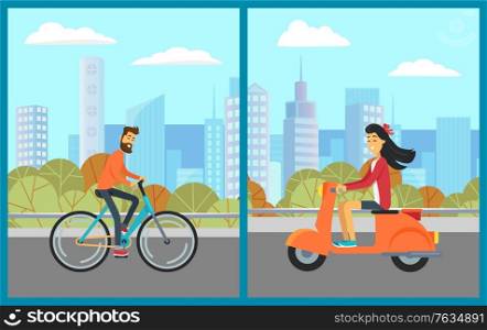 Smiling people riding urban transport in downtown, skyscraper and tree view. Man on bicycle, woman on scooter going by road in city, building. Vector illustration in flat cartoon style. Man on Bicycle, Woman on Scooter, City Vector