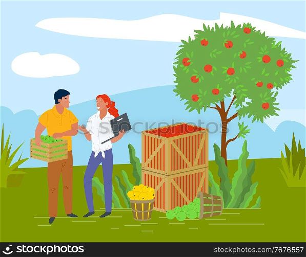 Smiling people selling apples, local product. Harvesting and picking apples in wooden containers, green trees, rustic product, business and laptop vector. Pick apples concept. Flat cartoon. Picking Apples in Container, Local Fruit Vector