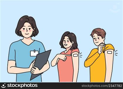 Smiling people show arm with bandage after vaccination. Stop corona virus promo c&aign. Doctor vaccinate employee against covid-19. Coronavirus protection. Vector illustration. . Smiling people show arms after covid vaccination 