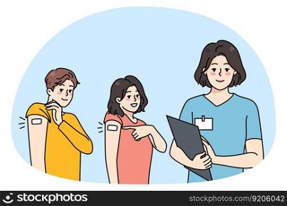 Smiling people show arm with bandage after vaccination. Stop corona virus promo c&aign. Doctor vaccinate employee against covid-19. Coronavirus protection. Vector illustration.. Smiling people show arms after covid vaccination