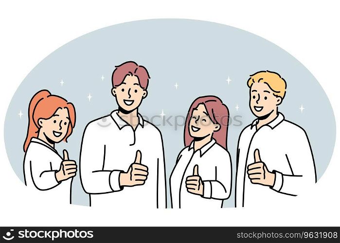 Smiling people showing thumbs up give recommendation to service. Happy team recommend good quality course or work. Employment concept. Vector illustration.. Smiling people show thumbs up giving recommendation