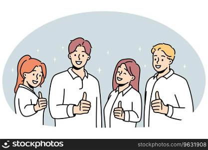 Smiling people showing thumbs up give recommendation to service. Happy team recommend good quality course or work. Employment concept. Vector illustration.. Smiling people show thumbs up giving recommendation