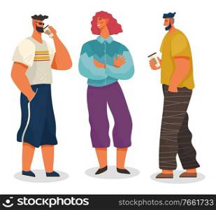 Smiling people standing together and drinking cup of coffee. Man and woman characters in casual clothes holding java and discussing. Speaking friends male and female with cappuccino drink vector. Friends Together Drinking Cup Of Coffee Vector Man