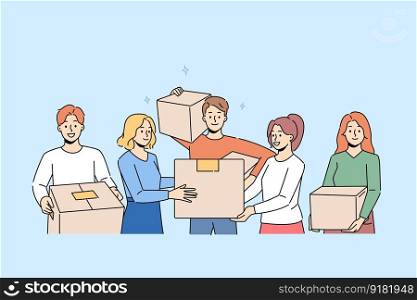 Smiling people with cardboard boxes moving together. Happy men and women with packages engaged in relocation to new home. Vector illustration.. Smiling people with boxes moving together