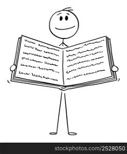 Smiling person holding open door showing pages or text, vector cartoon stick figure or character illustration.. Person Holding Open Book, Vector Cartoon Stick Figure Illustration