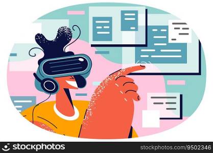 Smiling person in VR glasses explore new modern technologies. Happy user in virtual reality headset enjoy digital surroundings touching with finger. Vector illustration.. Smiling person in VR glasses explore technology