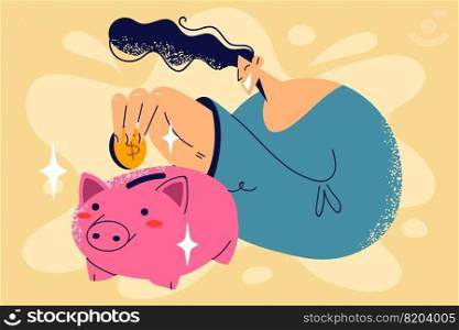 Smiling person put coin in piggybank saving money. Happy man save finances in piggy bank manage budget. Finances and stability. Vector illustration.. Smiling person saving money in piggybank