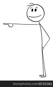 Smiling person showing happy emotion pointing at something, vector cartoon stick figure or character illustration.. Smiling Person Pointing at Something, Vector Cartoon Stick Figure Illustration
