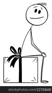 Smiling person sitting on wrapped birthday or Christmas present or gift, vector cartoon stick figure or character illustration.. Smiling Person Sitting on Wrapped Gift or Present, Vector Cartoon Stick Figure Illustration