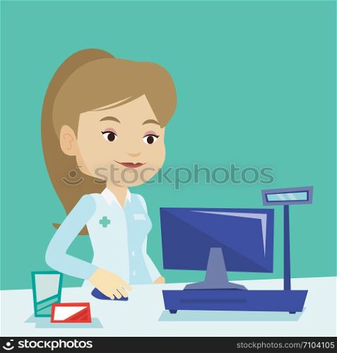 Smiling pharmacist in medical gown standing at the pharmacy counter. Female pharmacist in the drugstore. Young female pharmacist working on a computer. Vector flat design illustration. Square layout.. Pharmacist at counter with cash box.