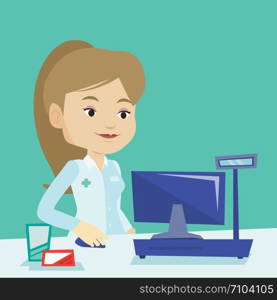 Smiling pharmacist in medical gown standing at the pharmacy counter. Female pharmacist in the drugstore. Young female pharmacist working on a computer. Vector flat design illustration. Square layout.. Pharmacist at counter with cash box.