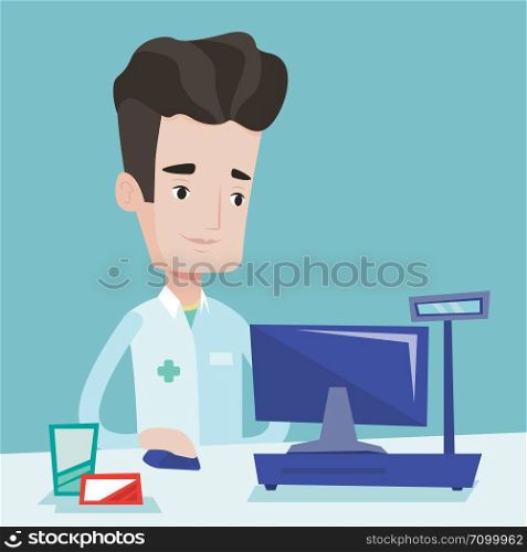 Smiling pharmacist in medical gown standing at the pharmacy counter. Male pharmacist in the drugstore. Young male pharmacist working on a computer. Vector flat design illustration. Square layout.. Pharmacist at counter with cash box.