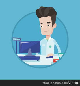 Smiling pharmacist in medical gown standing at the pharmacy counter. Pharmacist in the drugstore. Pharmacist working on a computer. Vector flat design illustration in the circle isolated on background. Pharmacist at counter with cash box.