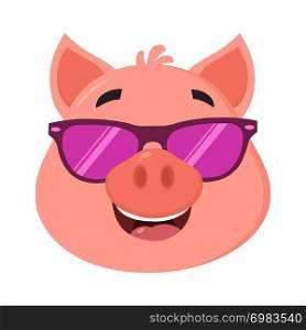 Smiling Pig Cartoon Character Face Portrait With Sunglasses. Vector Illustration Flat Design Isolated On Transparent Background